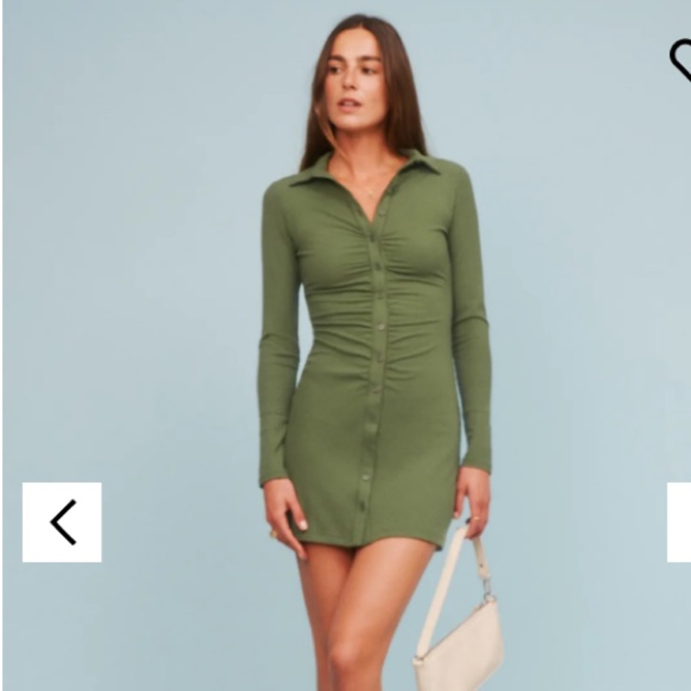 Reformation Olive Green Ruched Button-Front Long Sleeve Mini Dress